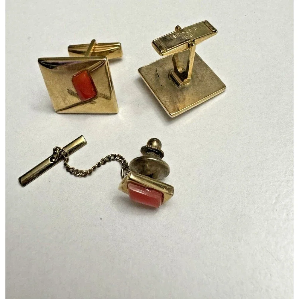 Vintage Gold-Tone Cufflinks & Tie Tack Set – Patent 2,974,351 – Mid-Century